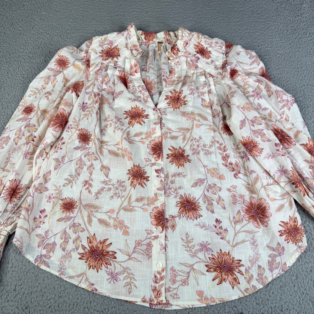 Free People Blouse Womens M Cream Floral Ruffle Neck Smocked Cuff Boho Top